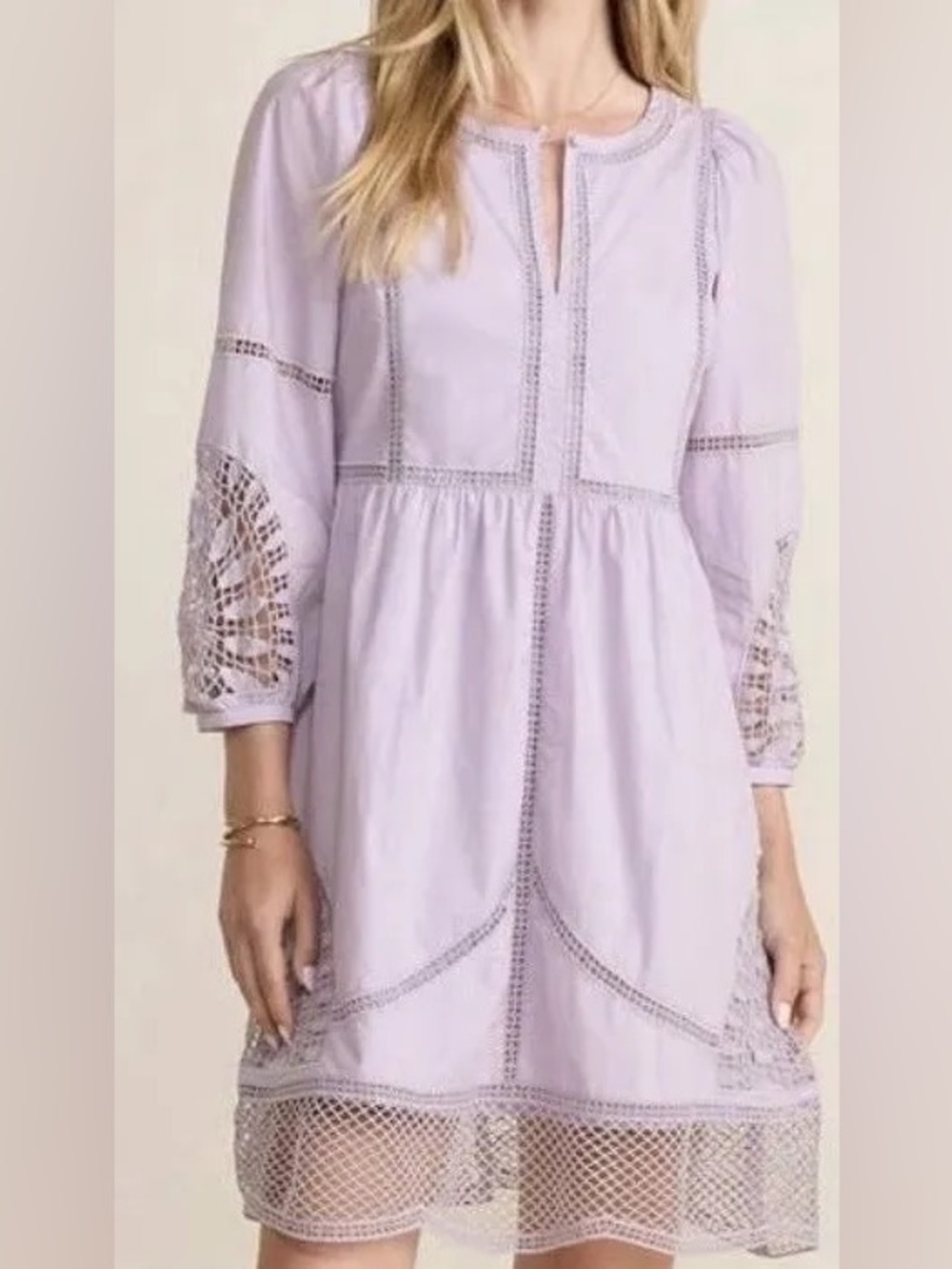 Vineyard Vines Lavender Open Stitch Long Sleeve Lace-Trim Mini Dress Large $198